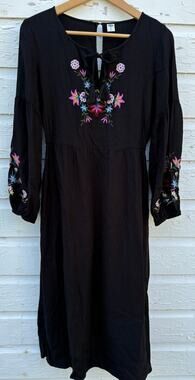 Old Navy Dress XS Black Midi Floral Embroidered Balloon Sleeve Milkmaid Boho